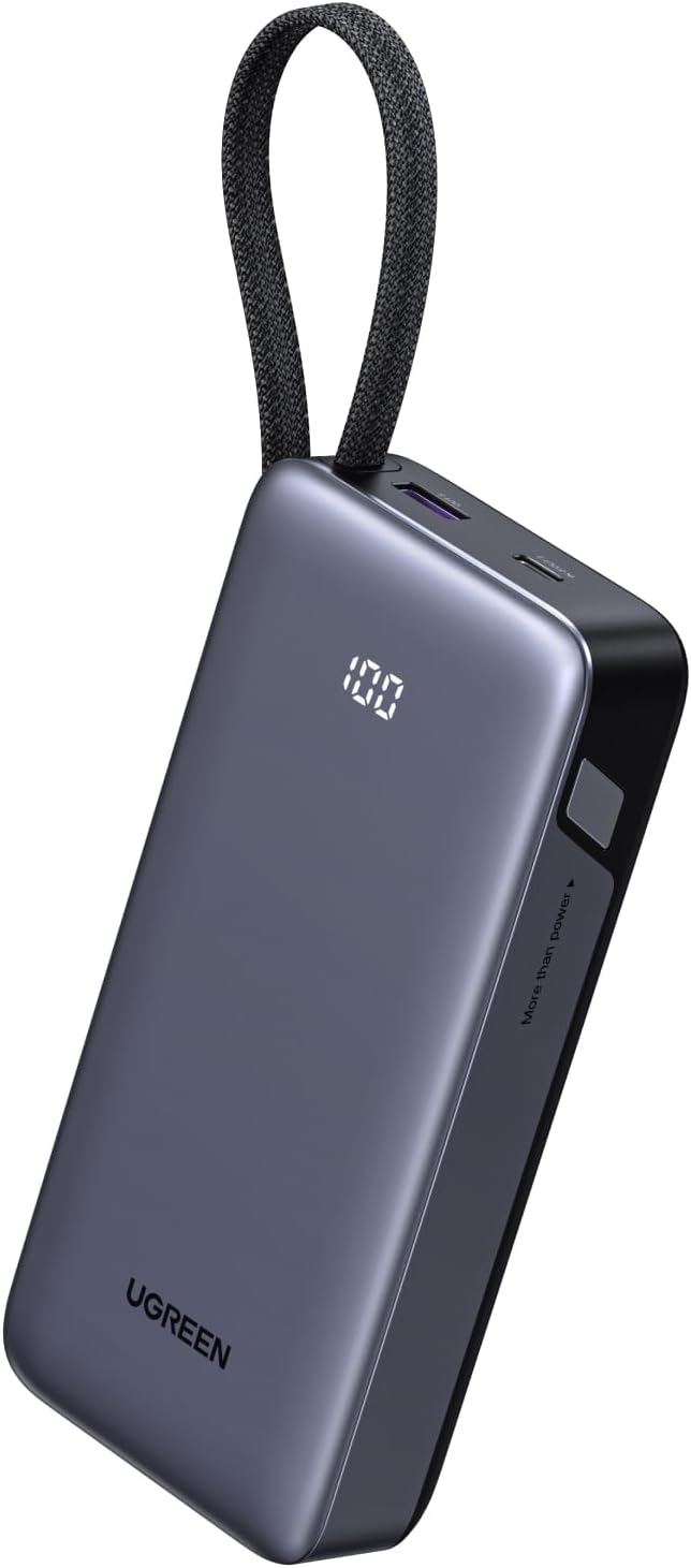 UGREEN Nexode Power Bank 20000mAh 45W with Built-in Cable, Fast Charging Portable Charger for iPhone 17 Pro/Samsung S25 Ultra/iPad Pro, 3-Port External Battery Pack with Digital Display, Travel Ready<br>